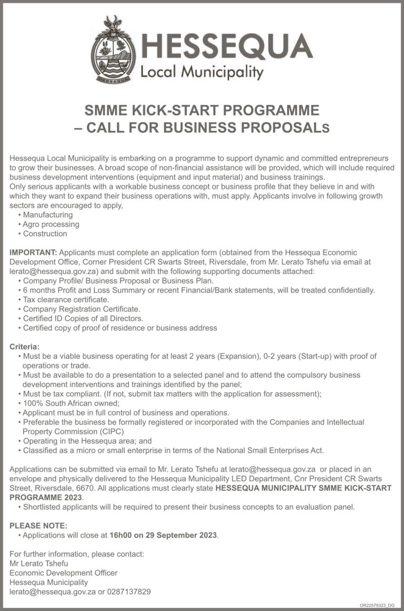SMME KICK-START PROGRAMME  – CALL FOR BUSINESS PROPOSALS