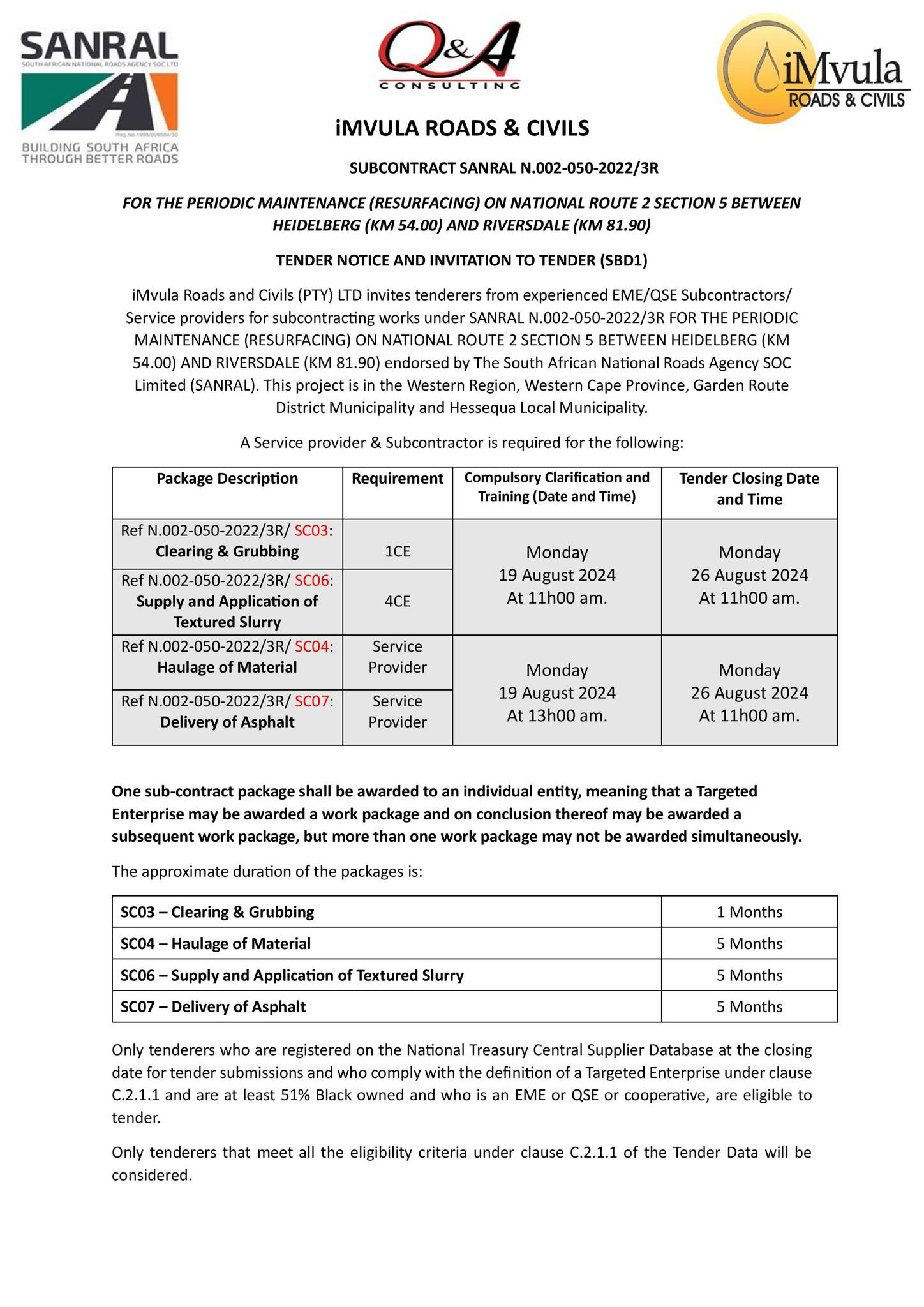 INVITATION TO TENDER FOR THE PERIODIC MAINTENANCE (RESURFACING) ON NATIONAL ROUTE 2 SECTION 5 BETWEEN HEIDELBERG (KM 54.00) AND RIVERSDALE (KM 81.90)